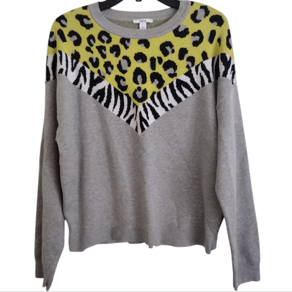 Bar III Gray Sweater with Yellow Animal Print Cotton Rayon Size Large